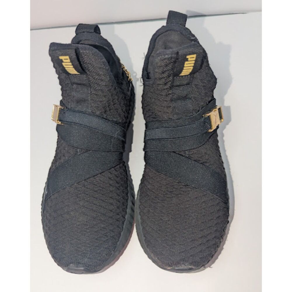 Puma Enzo Strap Sneakers Womens 8.5 Black Knit Gold Buckle Slip  Athletic Shoes